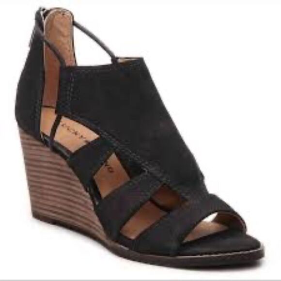 Lucky Brand Joellen Black Suede Lace Up Wedge Sandals Sz 8.5 - Picture 1 of 9